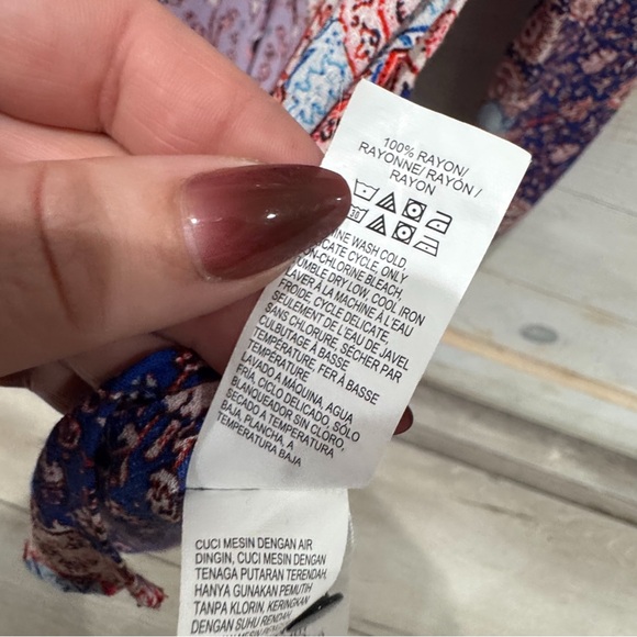 Lucky Brand Blue abstract Tile Print Long Sleeve Boho peasant top ❤️ - Picture 6 of 10